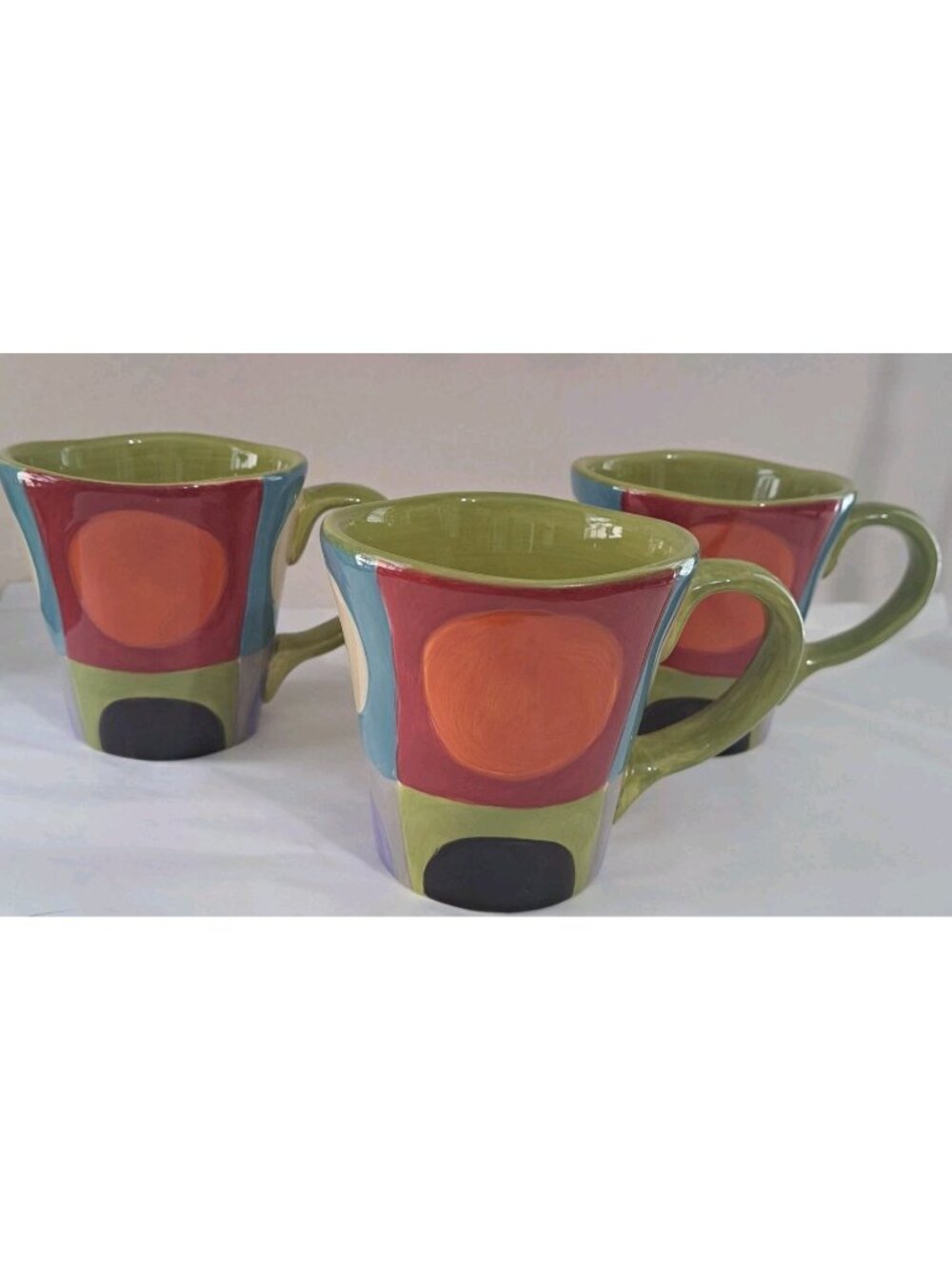 Pier 1 Set Of 3 Urban Dots Hand-Painted Earthenware Mugs Colorful Discontinued
